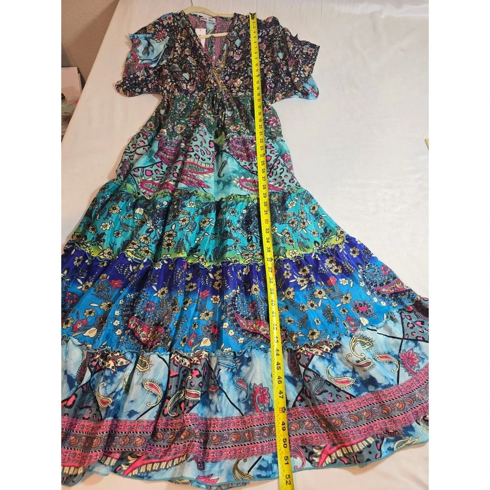 White Waves Bohemian Silk Blend Patchwork Maxi Dress Floral Paisley Tassel Blue - Picture 9 of 11